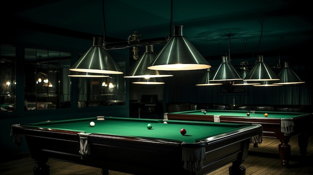 An image emphasizing the overhead lighting fixtures illuminating the snooker table