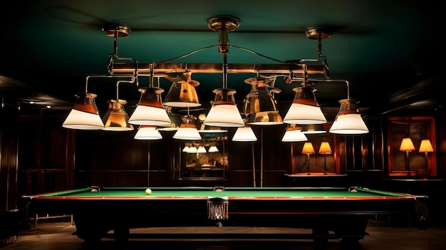 An image emphasizing the overhead lighting fixtures illuminating the snooker table