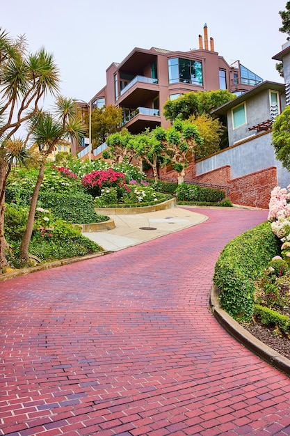 Image of Empty curving red brick road with large brown mansion at top