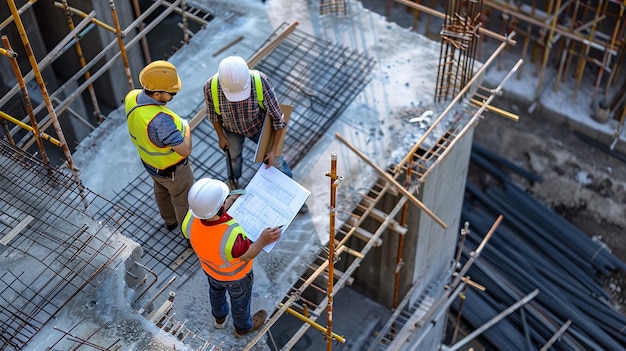 image of Engineers in Action Construction Workers with Blueprints and Clipboard at Active Building