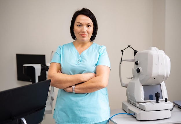 Image of an enthusiastic female eye doctor looking at camera Woman wearing scrubs on modern equipment background Closeup