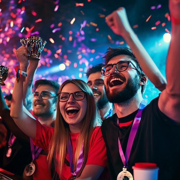 Image of an esports team celebrating a victory with trophies and medals