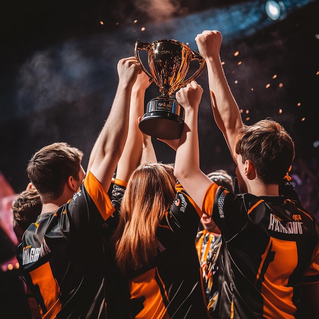 Image of an esports team celebrating a victory with trophies and medals