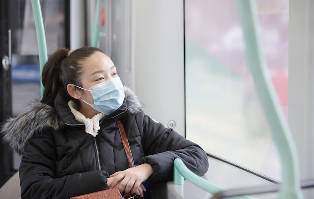 The image face of a young Asian woman wearing a mask to prevent germs, toxic fumes and dust.