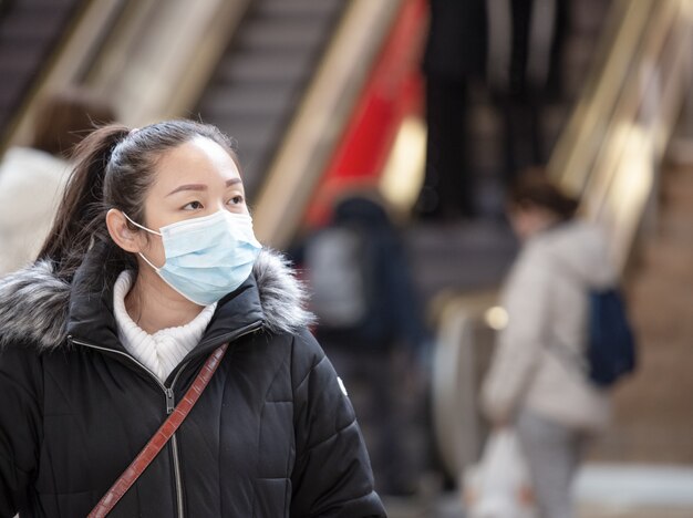 The image face of a young Asian woman wearing a mask to prevent germs, toxic fumes and dust.