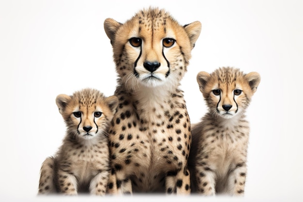 Image of family group of cheetahs on white background Wildlife Animals Illustration Generative AI