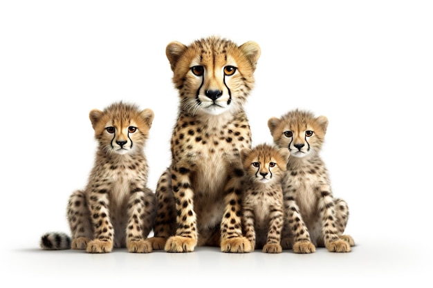 Image of family group of cheetahs on white background Wildlife Animals Illustration Generative AI