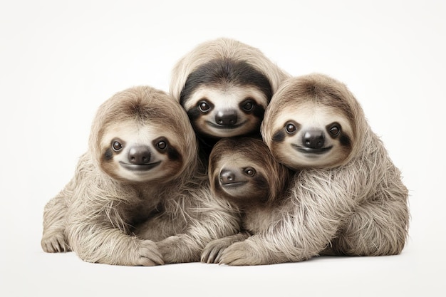 Image of family group of sloths on white background Wildlife Animals Illustration Generative AI