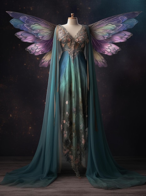 Image of a fantasy angel dress with purple and blue wings generative AI