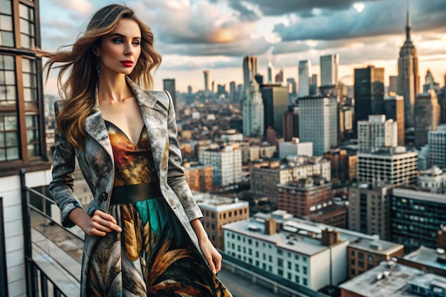 Image of fashion drawing of model over cityscape