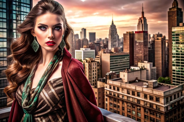 Image of fashion drawing of model over cityscape