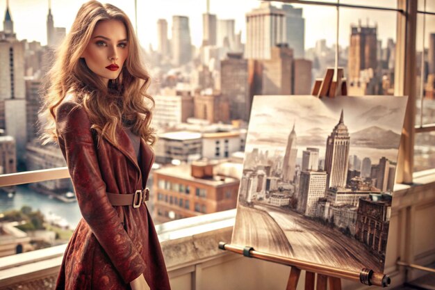 Image of fashion drawing of model over cityscape