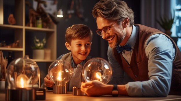 An image of a father and child engaged in a science experiment or educational activity igniting cur