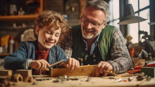 An image of a father and child working together on a DIY project using tools and building something