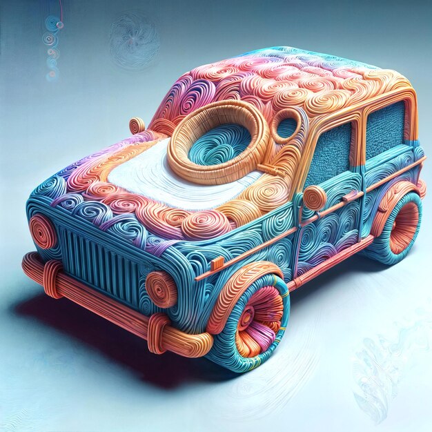 The image features a colorful intricately designed car made out of paper or wire The car is blue