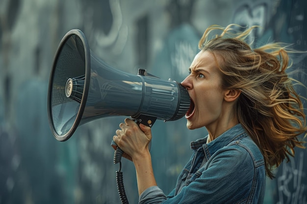 The image features a woman passionately using a megaphone to shout emphasizing a sense of urgency or