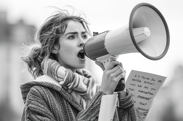 The image features a woman passionately using a megaphone to shout emphasizing a sense of urgency or