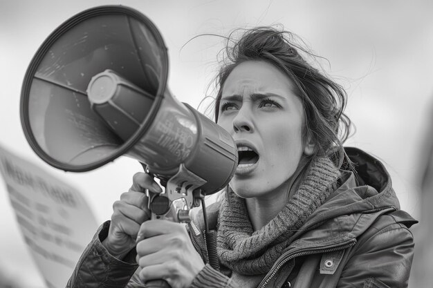 The image features a woman passionately using a megaphone to shout emphasizing a sense of urgency or