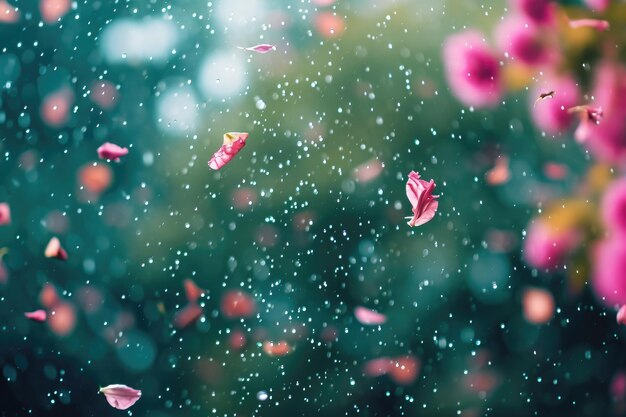 An image featuring a multitude of pink flowers gracefully floating in midair Biodegradable confetti disintegrating in the rain AI Generated