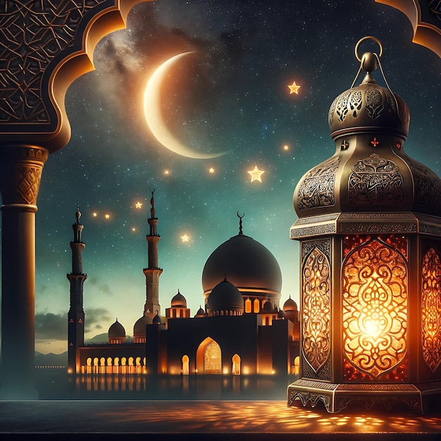 Image featuring an ornate lantern in the foreground with an enchanting Arabian nightscape