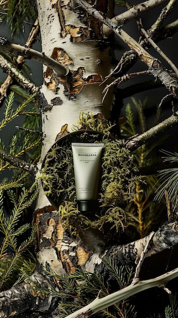 An image featuring a skincare tube mockup on a backdrop of moss