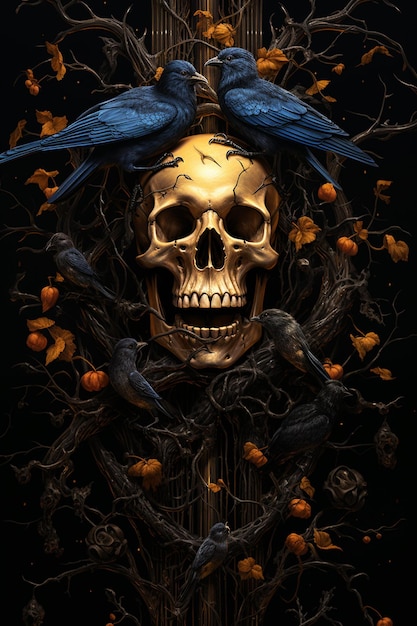 an image featuring a skull with birds in the style of darkly detailed