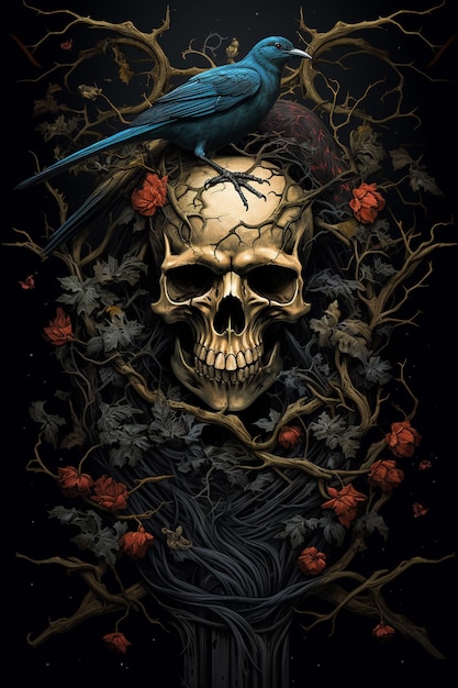 an image featuring a skull with birds in the style of darkly detailed