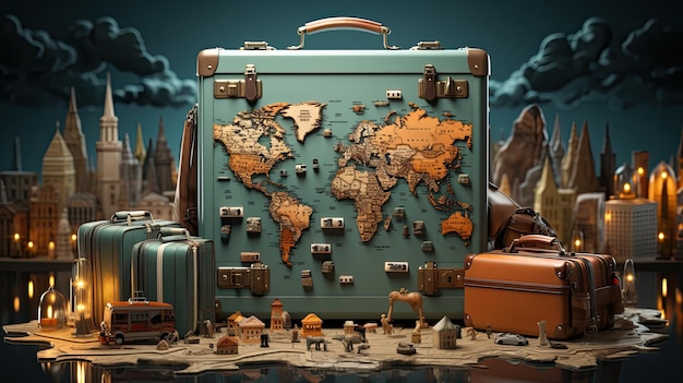 Image featuring suitcases travel diaries and a world map evoking an atmosphere of adventure and freedom Discover the allure of exploration and wanderlust Generative AI