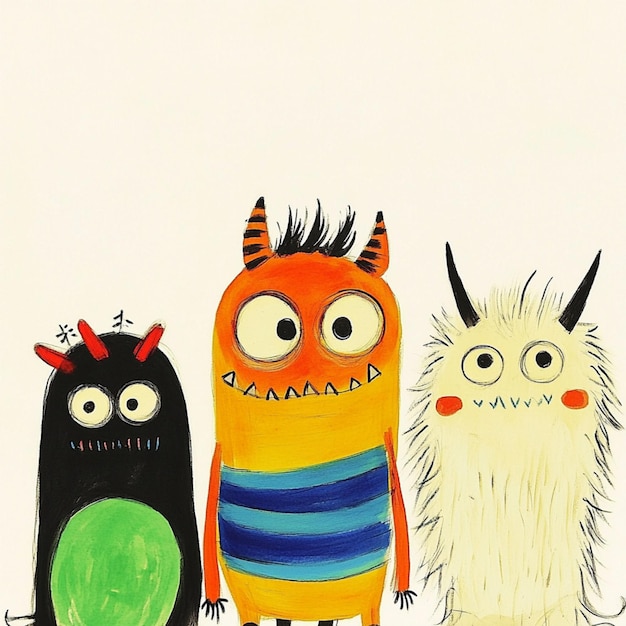 Photo an image featuring three cute and funny cartoon monsters with playful and whimsical designs