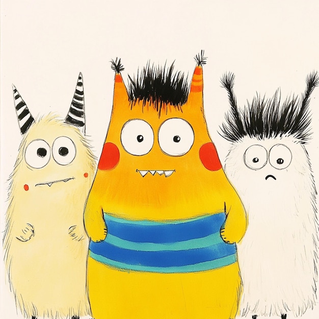 Photo an image featuring three cute and funny cartoon monsters with playful and whimsical designs