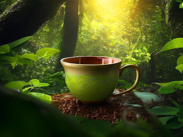 image featuring warm tea with a soil teacup showcased in the midst of a lush jungle environment