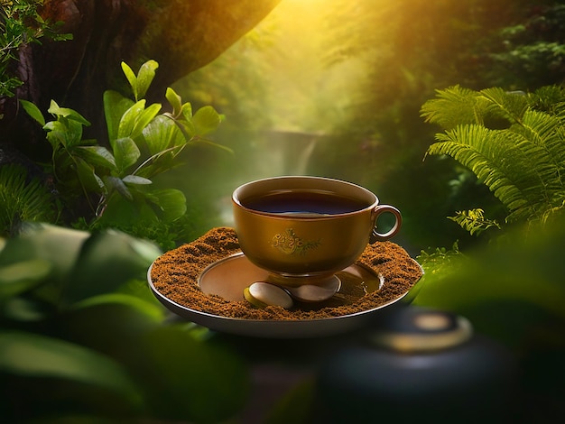 image featuring warm tea with a soil teacup showcased in the midst of a lush jungle environment