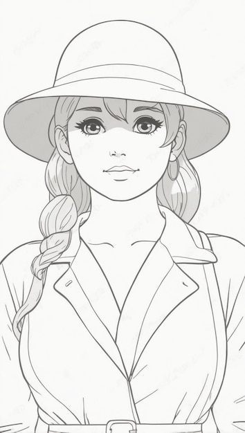 Photo image female anime line art coloring book ai generated