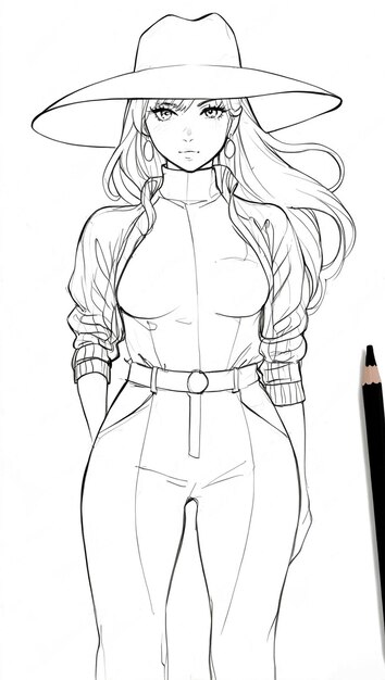 Photo image female anime line art coloring book ai generated