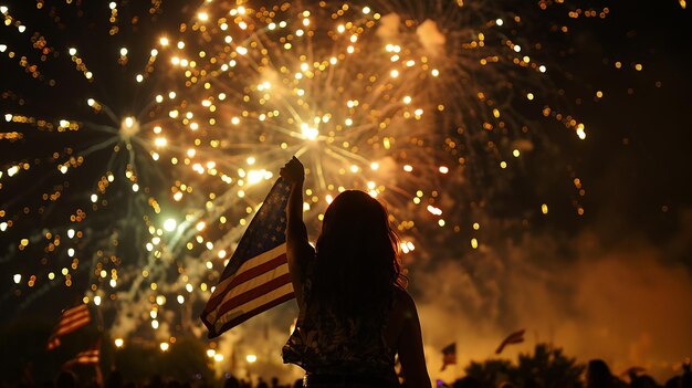 Photo image of festive night woman holding fireworks with american flag in the background