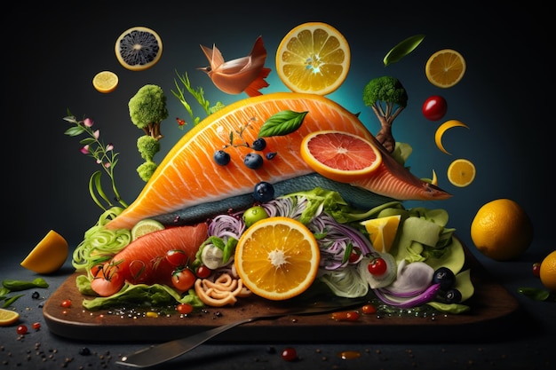 An image of fish with fruits and vegetables Generative AI