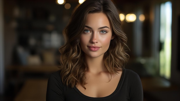 An image of a fit brownhaired woman wearing a black dress sitting on a bar chair Generative AI