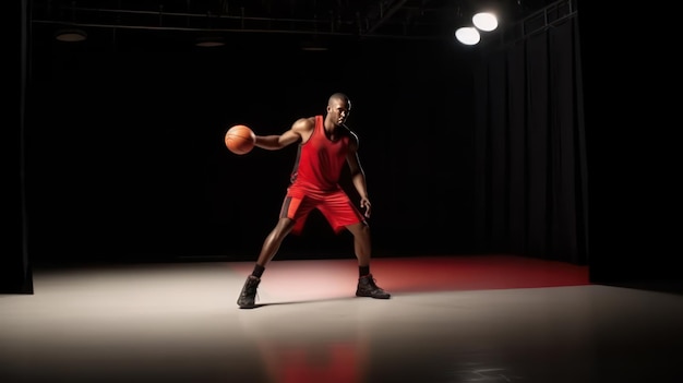 Image of fit young afro american athlete holding a basketball looking away with copyspace