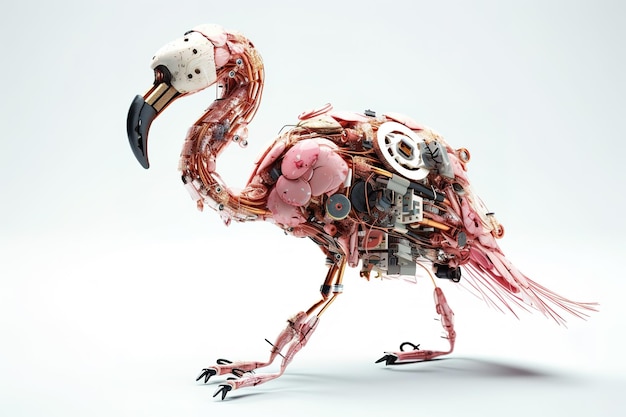 Image of a flamingo modified into a electronics robot on a white background Wildlife Animals Birds Illustration Generative AI