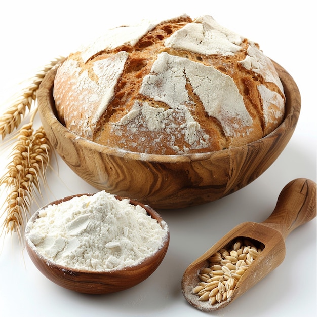 Image of flour bread and wheat on white background