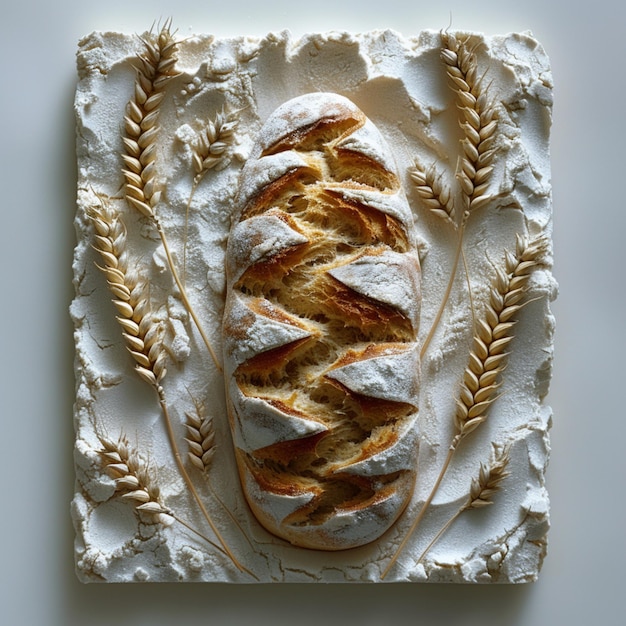 Image of flour bread and wheat on white background