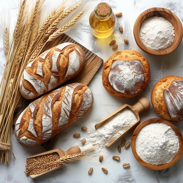 Image of flour bread and wheat on white background