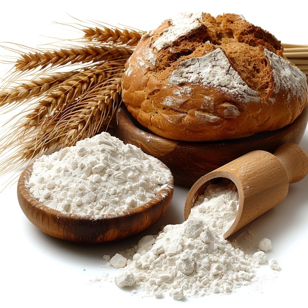 Image of flour bread and wheat on white background