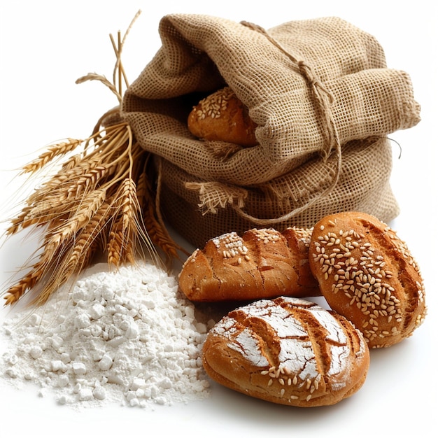 Image of flour bread and wheat on white background