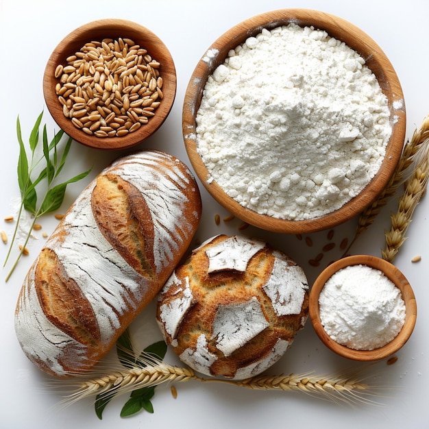 Image of flour bread and wheat on white background