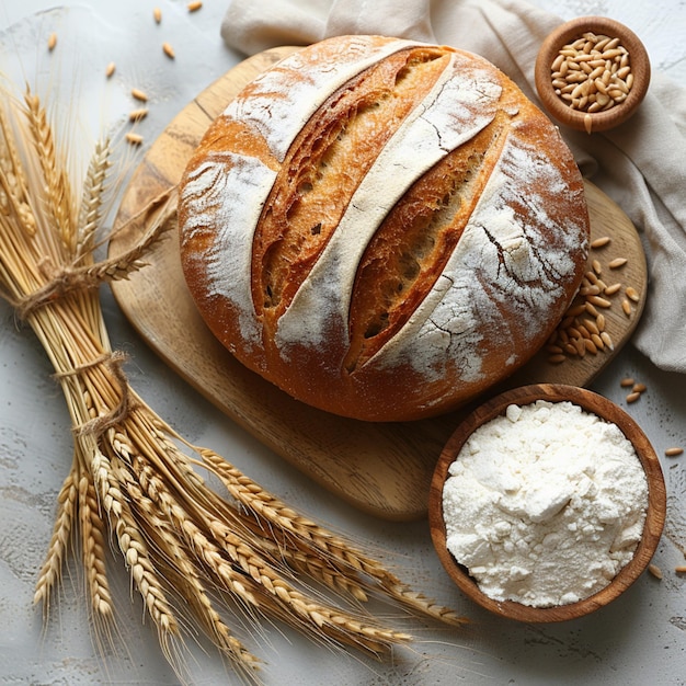 Image of flour bread and wheat on white background