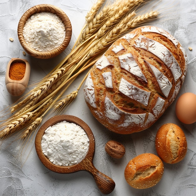 Image of flour bread and wheat on white background