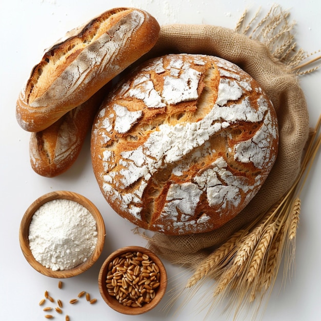 Image of flour bread and wheat on white background