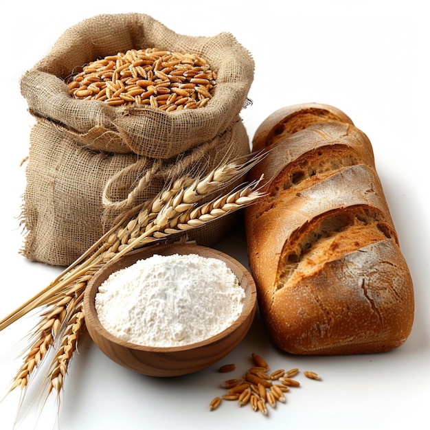 Image of flour bread and wheat on white background