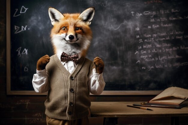 image of a fox in the classroom standing near a school desk with supplies on the background of a blackboard with chalk